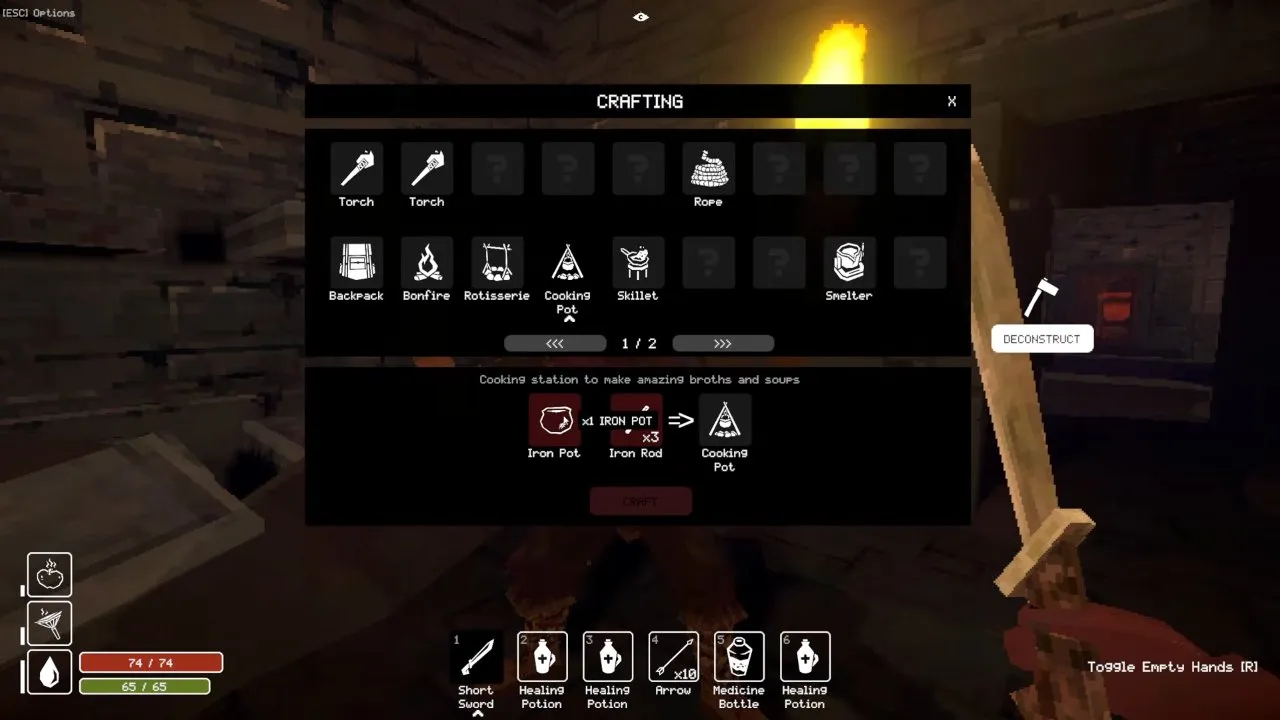 Crafting menu showing the Cooking Pot recipe: 1 Iron Pot and 3 Iron Rod