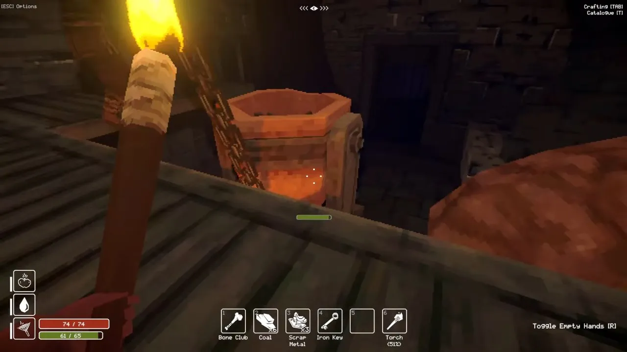 Forge crucible glowing, with Coal and Scrap Metal in the hotbar