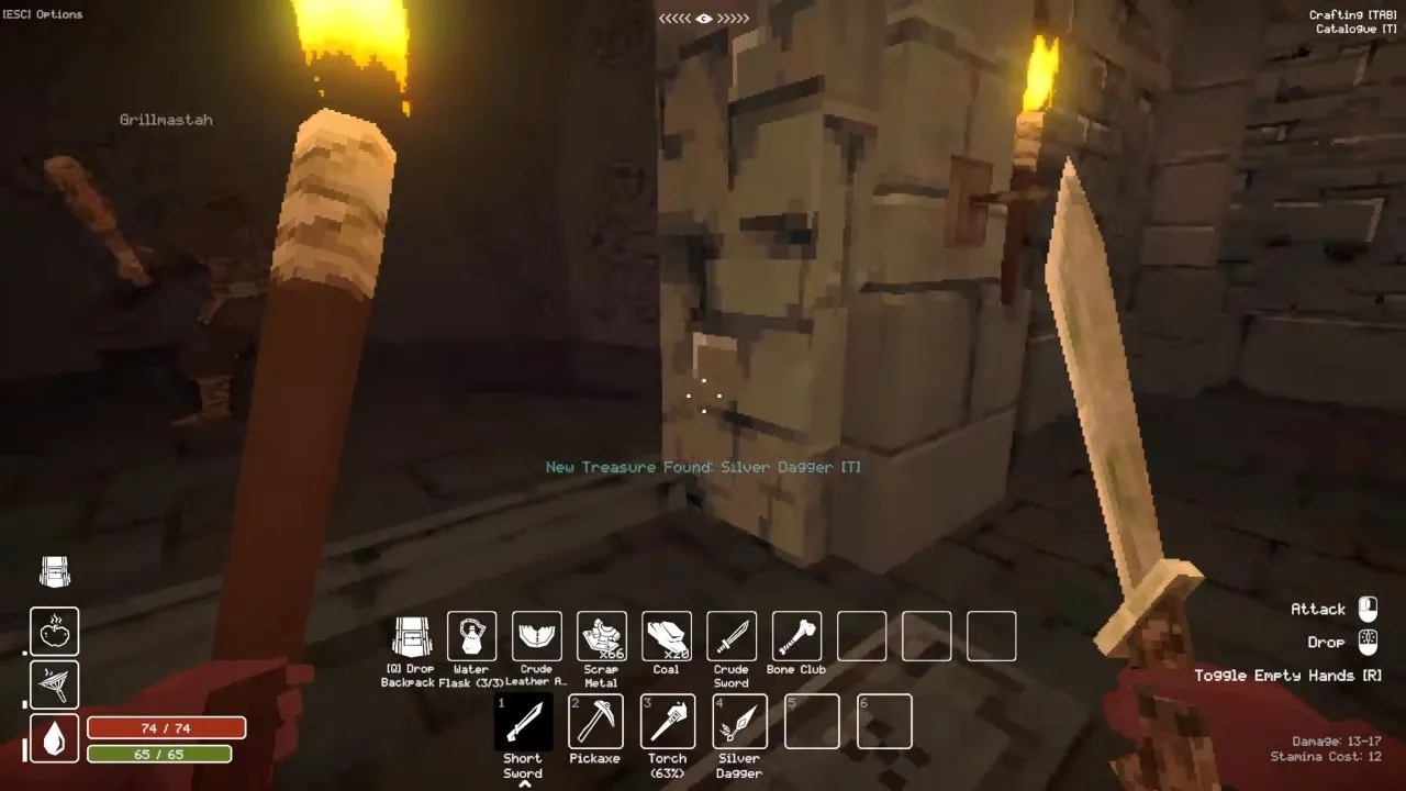 New Treasure Found: Silver Dagger message, with the dagger in hotbar slot 4