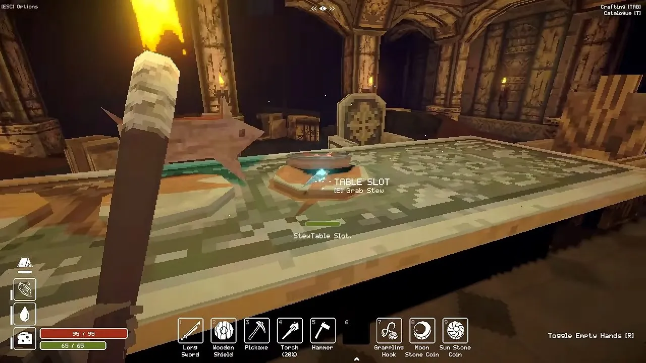 Deep Dish Dungeon table puzzle: Stew placed in a table slot, with the prompt Grab Stew