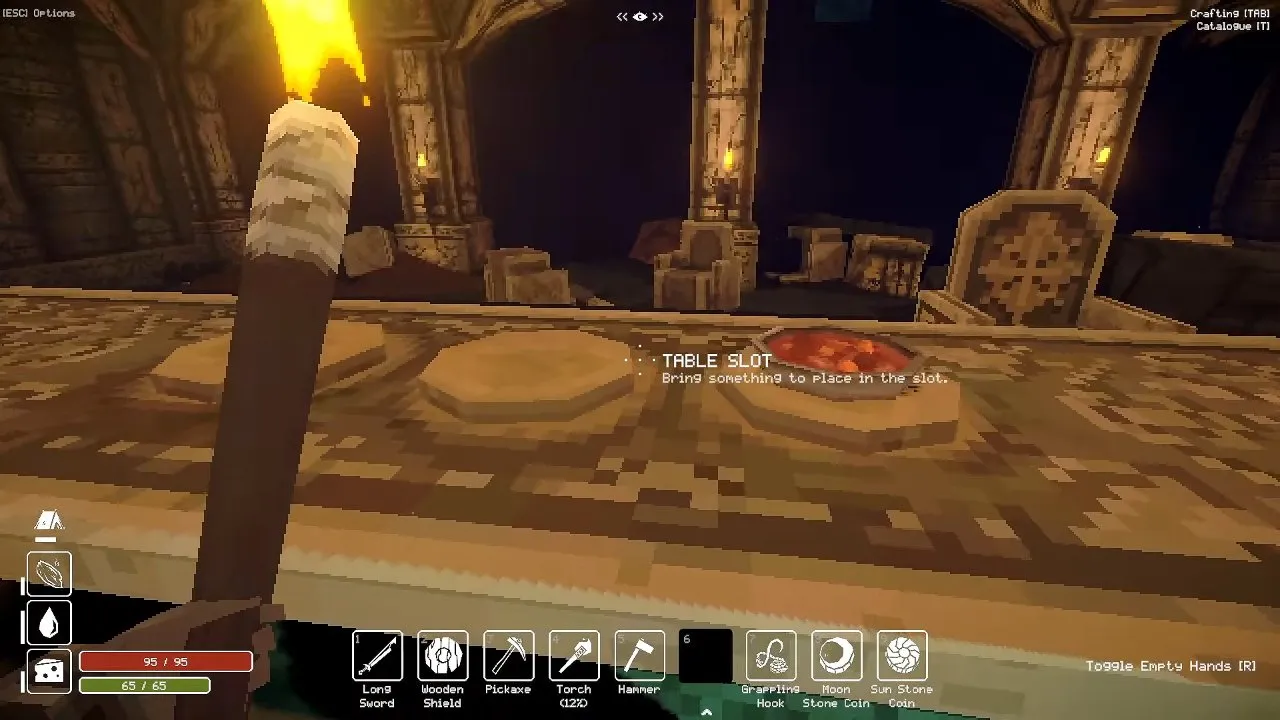 Deep Dish Dungeon table puzzle: three table slots on the central table, one already holding a meal, with the prompt Bring something to place in the slot