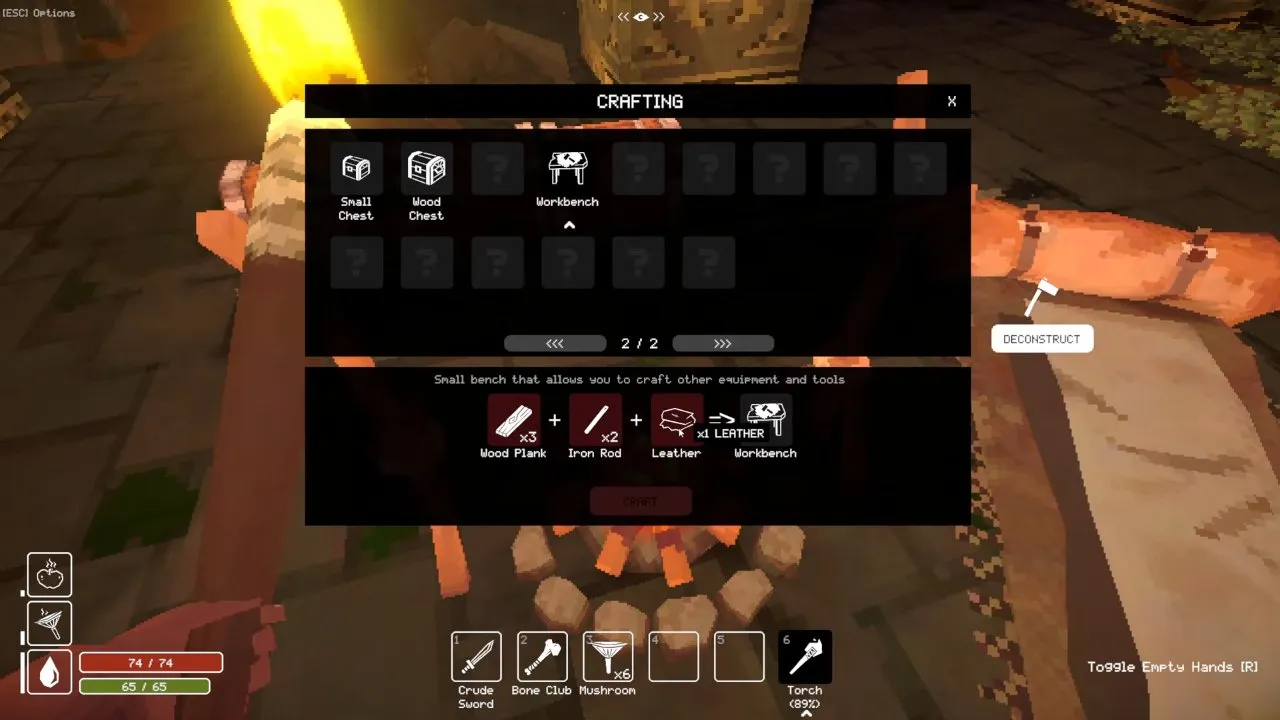 Crafting menu showing the Workbench recipe: 3 Wood Plank, 2 Iron Rod and 1 Leather